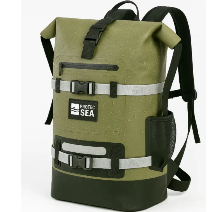 Sac étanche kaki IPX6 – Modulable de 20L à 40L avec écusson Breton